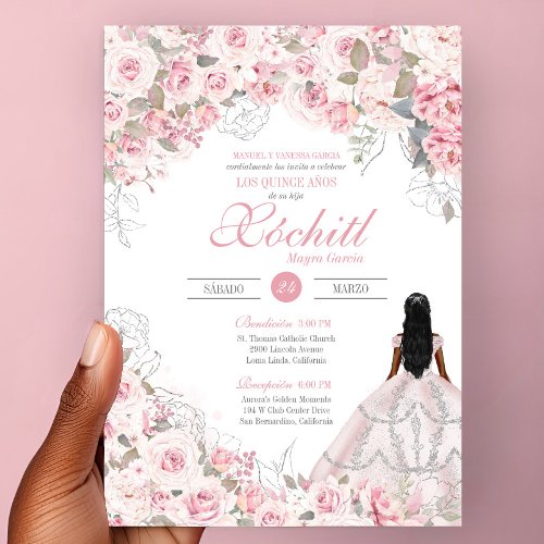Blush Pink with Silver Blossom Rose Quinceanera Invitation