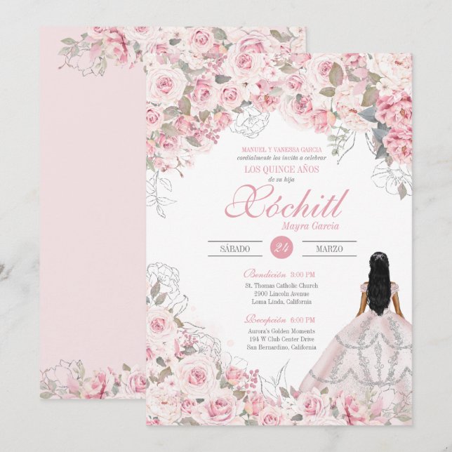 Blush Pink with Silver Blossom Rose Quinceanera Invitation (Front/Back)