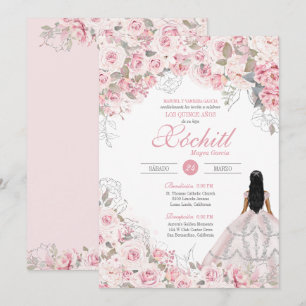 Blush Pink with Silver Blossom Rose Quinceanera Invitation