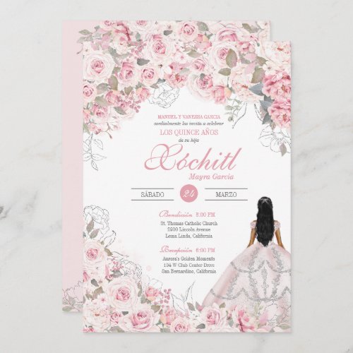 Blush Pink with Silver Blossom Rose Quinceanera Invitation