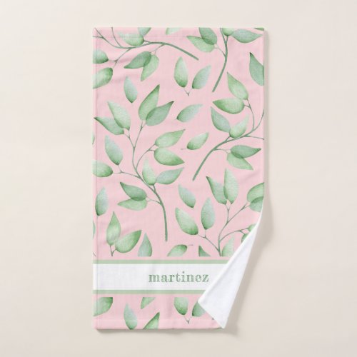 Blush Pink with Watercolor Leaves and Name Hand Towel