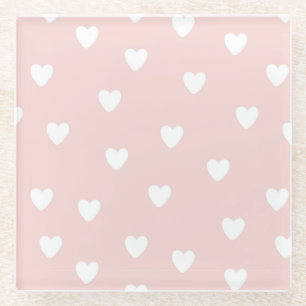 Blush Pink with White Hearts Glass Coaster