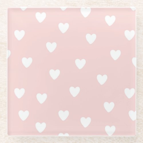 Blush Pink with White Hearts Glass Coaster