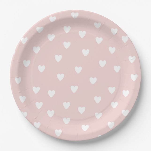 Blush Pink with White Hearts Paper Plates (Front)