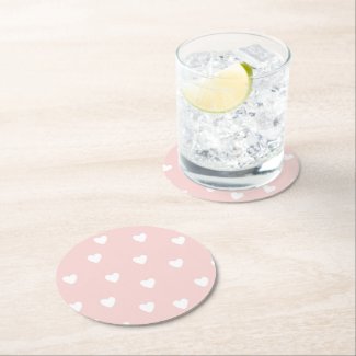 Blush Pink with White Hearts Round Paper Coaster