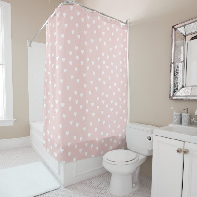Blush Pink with White Hearts Shower Curtain (In Situ)