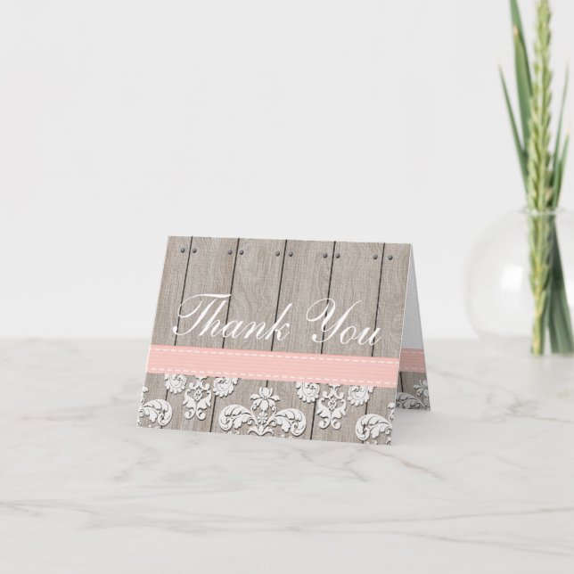 Blush Pink Wood Lace Rustic Thank You Card (Front)