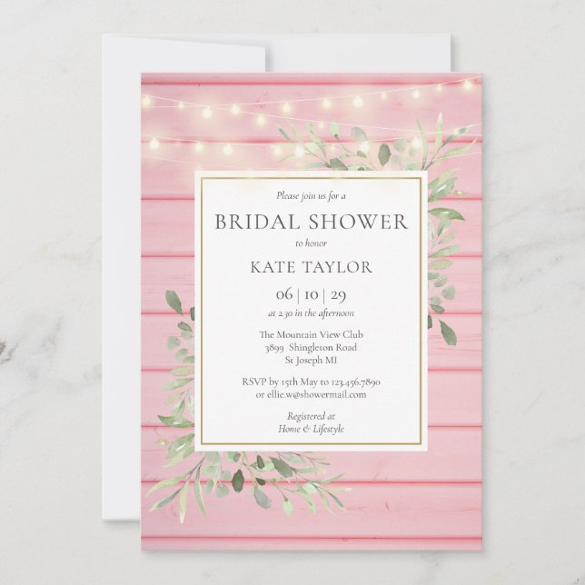 Blush Pink Wood Lights Greenery Bridal Shower Invitation (Front)
