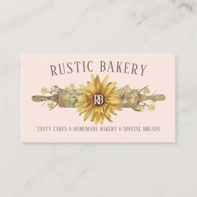Blush Pink Wood Rolling Pin Sunflower Bakery Business Card (Front)