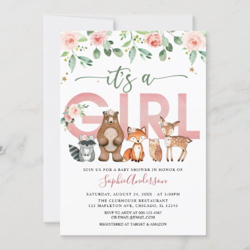 Blush Pink Woodland animals Girl Baby Shower Invitation