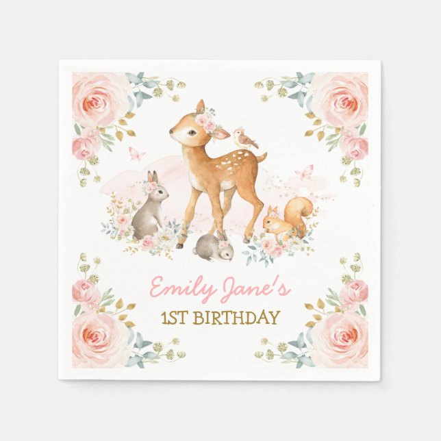 Blush Pink Woodland Forest Animals Floral Birthday Napkins (Front)