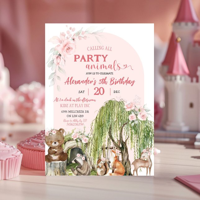 Blush Pink Woodland Party Animals Girl Birthday Invitation (Creator Uploaded)