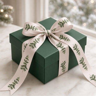 Blush Pink Woodland Watercolor Christmas Trees Satin Ribbon