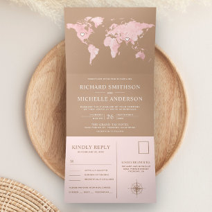 Blush Pink World Map Beige Tan All in One Wedding Tri-Fold Invitation