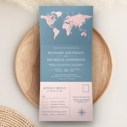 Blush Pink World Map Dusty Blue All in One Wedding Tri_Fold Invitation