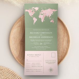 Blush Pink World Map Sage Green All in One Wedding Tri-Fold Invitation