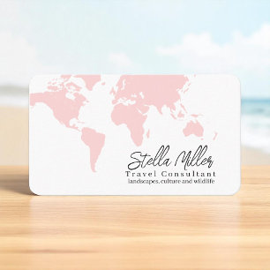 Blush Pink World Map Travel Consultant  Business Card
