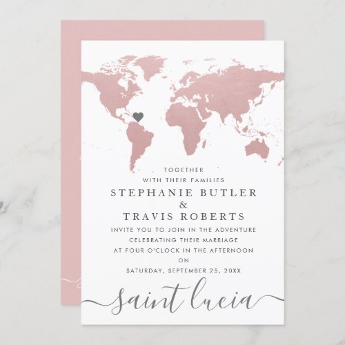 Blush Pink World Map Travel Theme Wedding Invitation