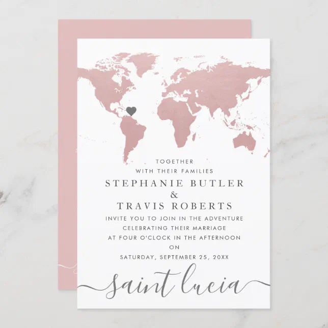 Blush Pink World Map Travel Theme Wedding Invitation | Zazzle