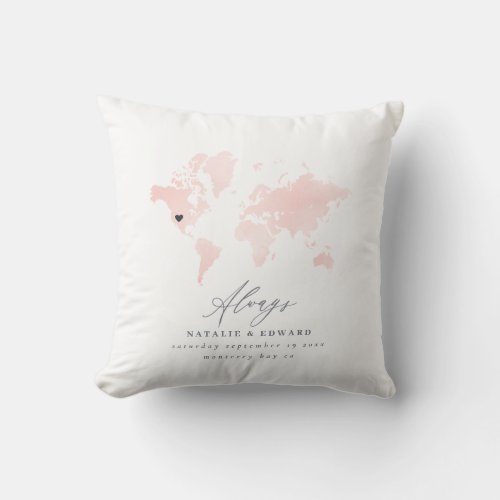 Blush pink world map wedding or anniversary gift throw pillow