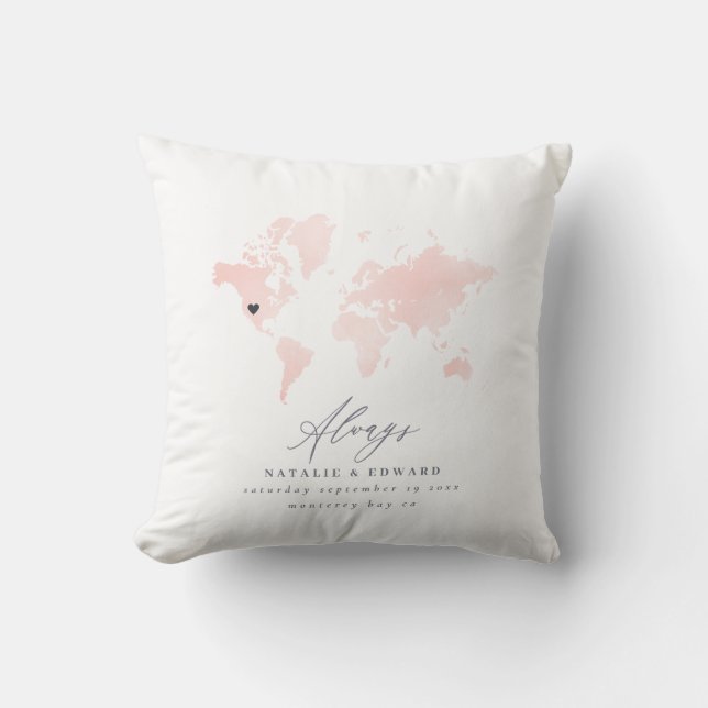 Blush pink world map wedding or anniversary gift throw pillow (Front)