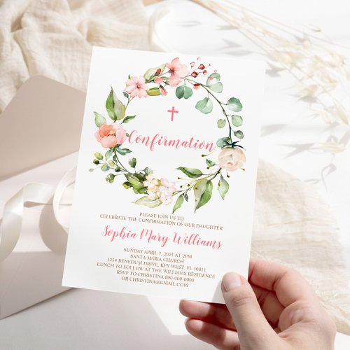 Blush Pink Wreath Baby Girl Confirmation Invitation