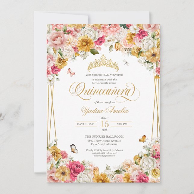 Blush Pink Yellow Floral Buttefly Quinceanera Invitation (Front)