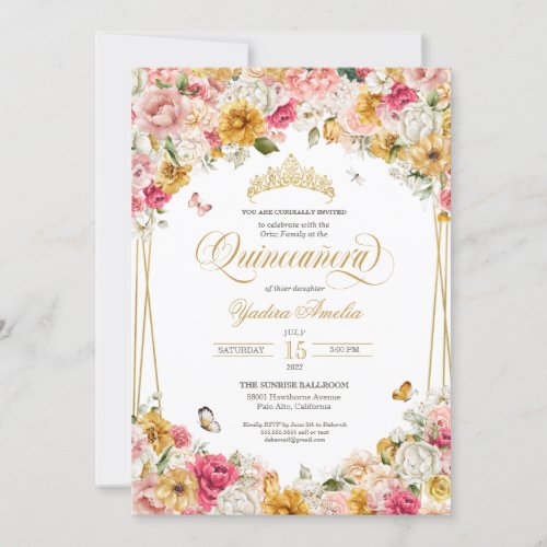 Blush Pink Yellow Floral Buttefly Quinceanera Invitation
