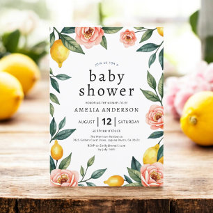 Blush Pink Yellow Floral Lemon Citrus Baby Shower Invitation