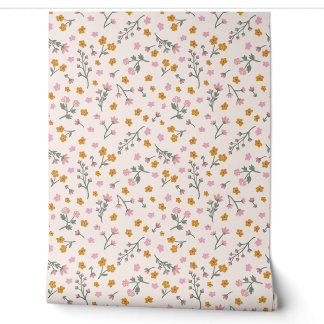 Blush Pink Yellow Grandmillennial Ditsy Floral Wallpaper