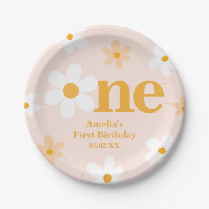 Blush Pink Yellow One Daisy 1st Birthday Party Paper Plates