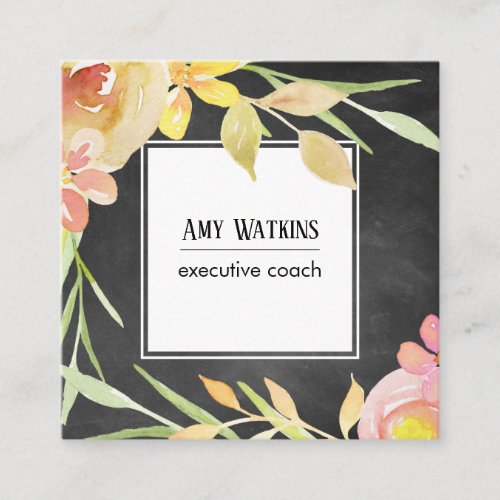 Blush Pink Yellow Watercolor Flowers on Chalkboard Square Business Card