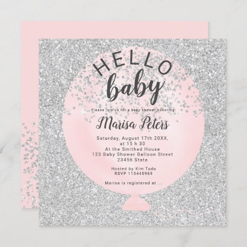 Blush pinkSilver glitter balloon baby shower Invitation