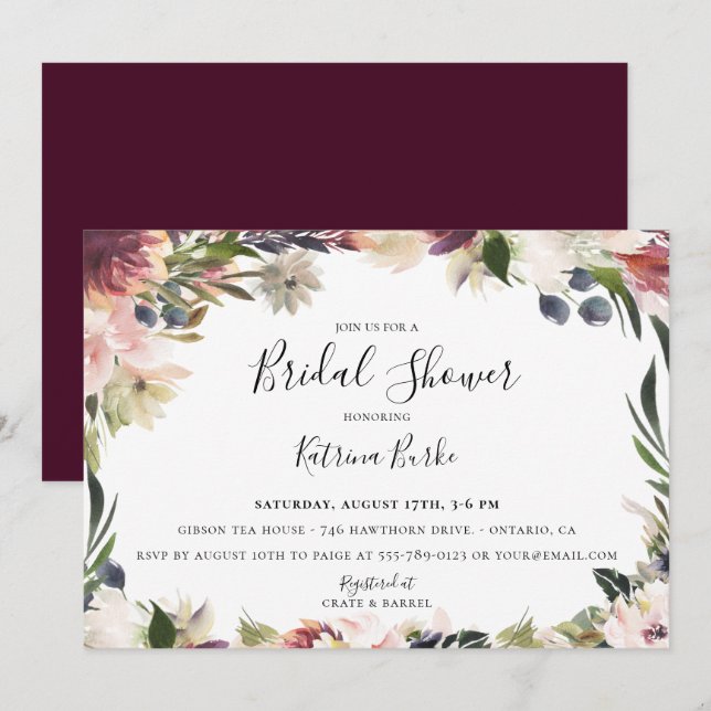 Blush Plum Floral Frame Bridal Shower Invitation (Front/Back)