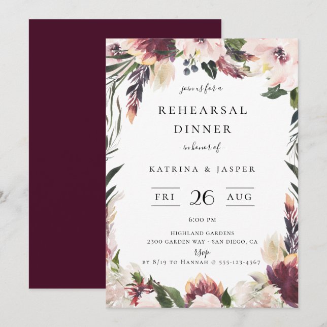 Blush Plum Floral Frame Rehearsal Dinner Invitation (Front/Back)