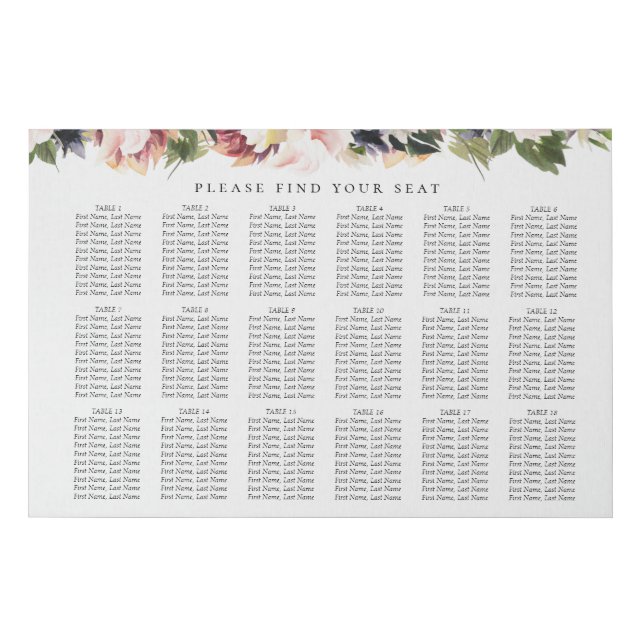 Blush Plum Floral Wedding 18 Table Seating Chart Faux Canvas Print (Front)