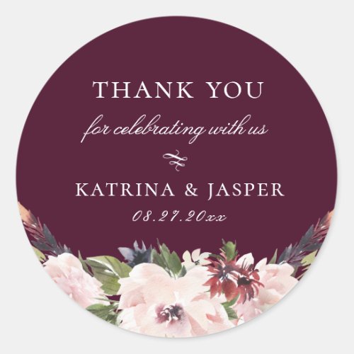 Blush Plum Floral Wedding Favor Classic Round Sticker