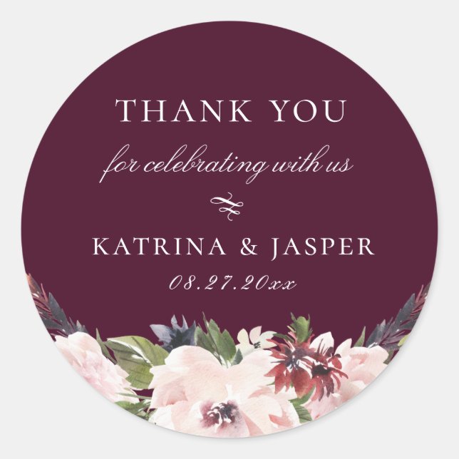 Blush Plum Floral Wedding Favor Classic Round Sticker (Front)