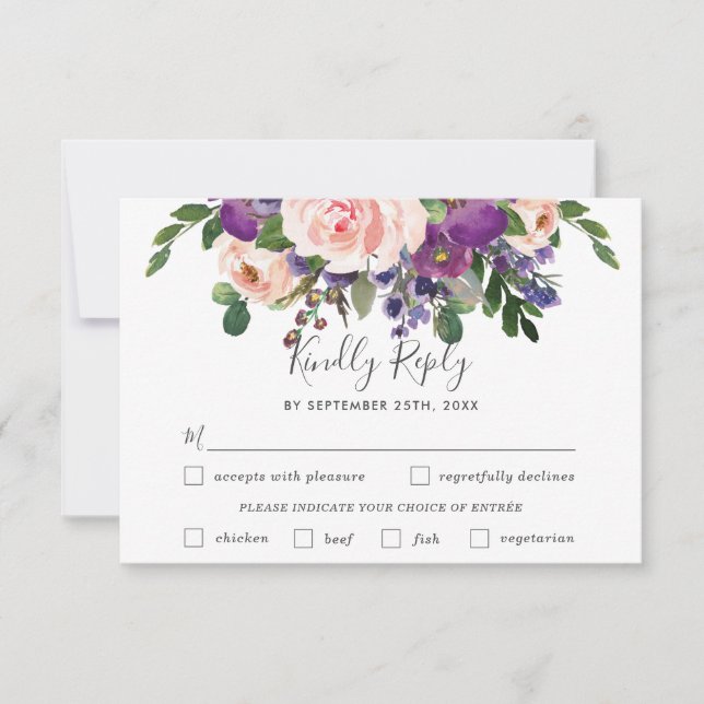 Blush Plum Floral Wedding Meal Choice RSVP Card (Front)