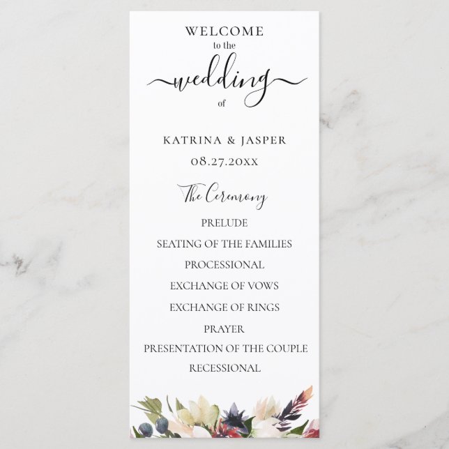 Blush Plum Watercolor Floral Wedding Program (Front)