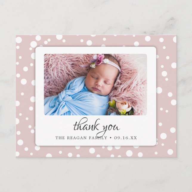 Blush Polka Dots Birth Announcement Thank You Postcard (Front)