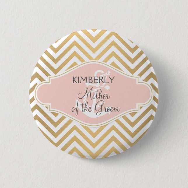 Blush Preppy Chevron Stripe Modern Nautical Anchor Pinback Button (Front)