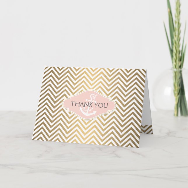 Blush Preppy Chevron Stripe Modern Nautical Anchor Thank You Card (Front)