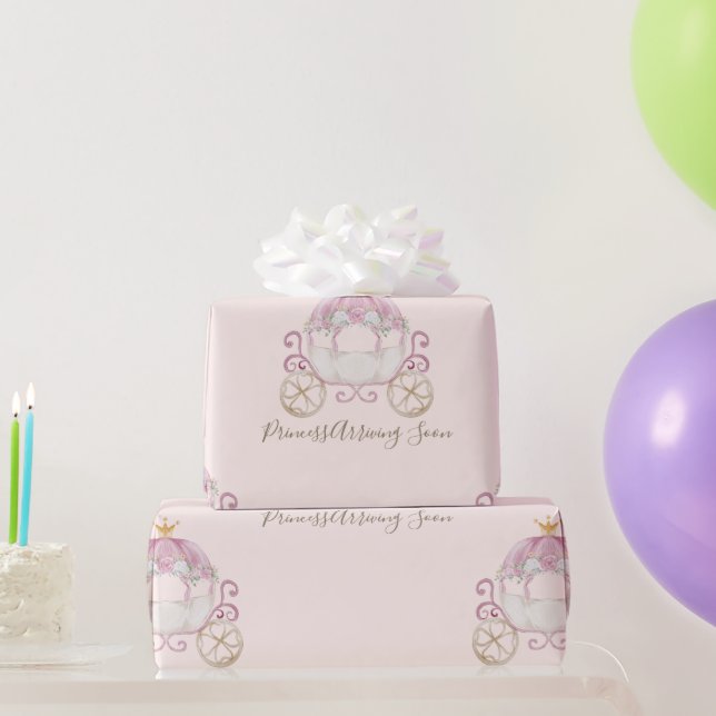 Blush Princess Carriage Arriving Soon Baby Shower Wrapping Paper (Party Gifts)