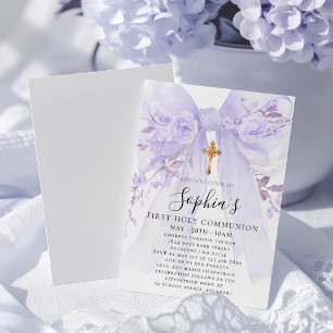 Blush Purple Bow Rose Floral Girl First Communion Invitation