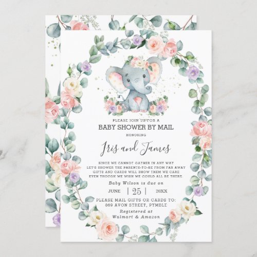 Blush Purple Floral Elephant Baby Shower by Mail Invitation