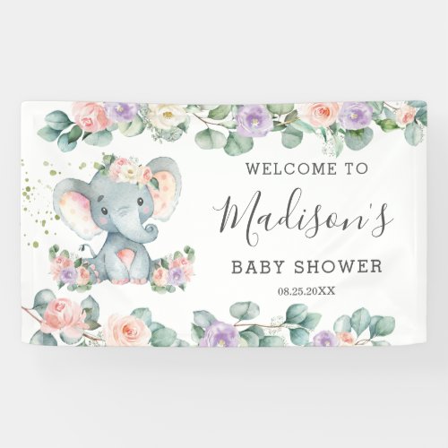 Blush Purple Floral Elephant Baby Shower Welcome Banner