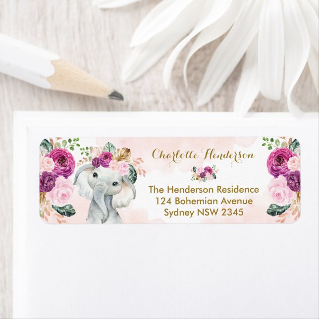 Blush Purple Floral Elephant Boho Baby Girl Label (Insitu)