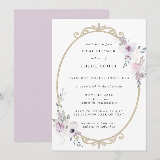 Blush Purple Floral Gold Frame Baby Shower Invitation (Front/Back)