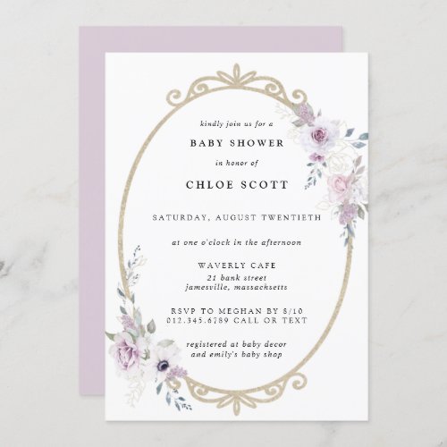 Blush Purple Floral Gold Frame Baby Shower Invitation